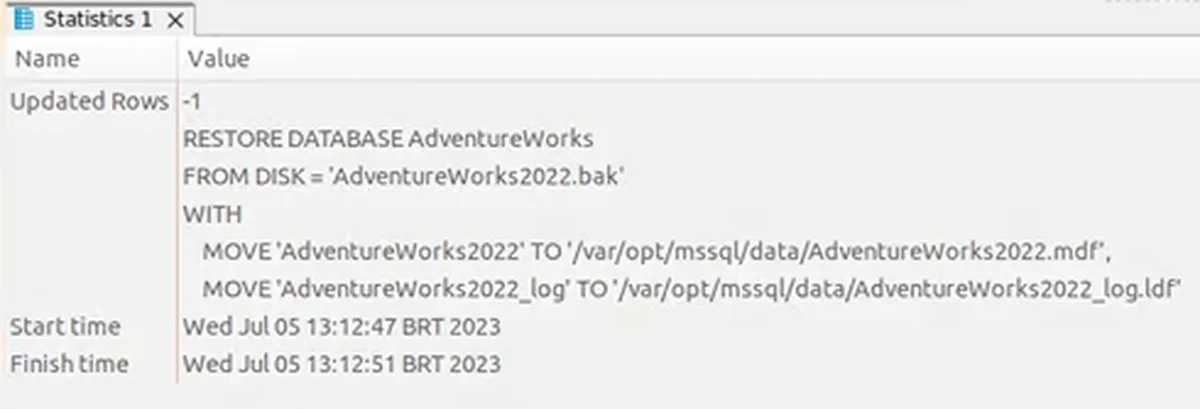 O RESTORE DATABASE com os dois MOVE, no painel de estatísticas do DBeaver depois de rodar