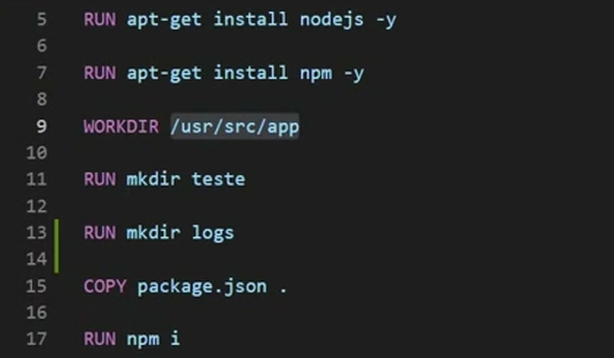 O Dockerfile com a linha 13, RUN mkdir logs, que cria a pasta onde o log será gravado