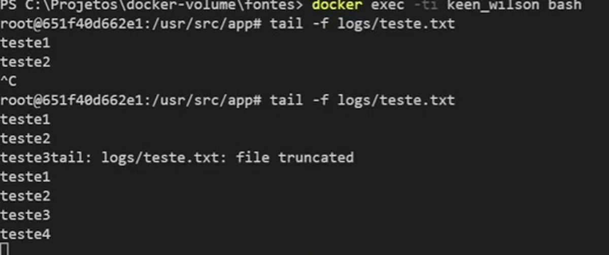 O tail de logs/teste.txt dentro de um dos containers: o arquivo do volume mostra teste1, teste2, teste3 e teste4