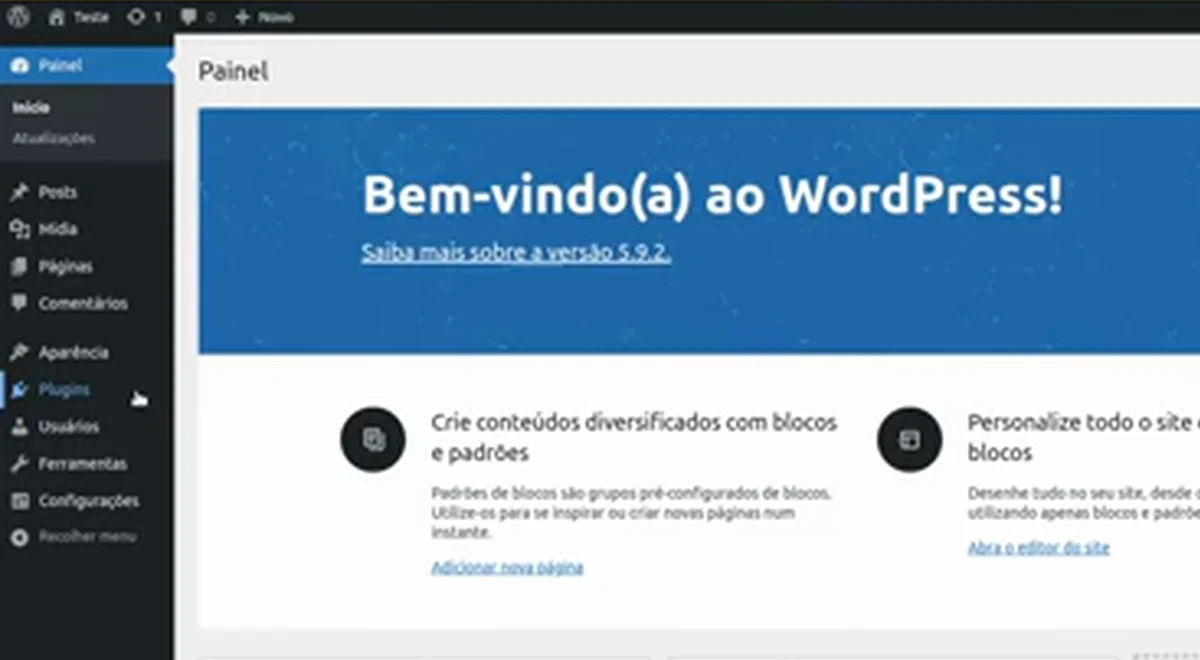 O painel do WordPress aberto no IP da instância, com a mensagem Bem-vindo(a) ao WordPress e a versão 5.9.2